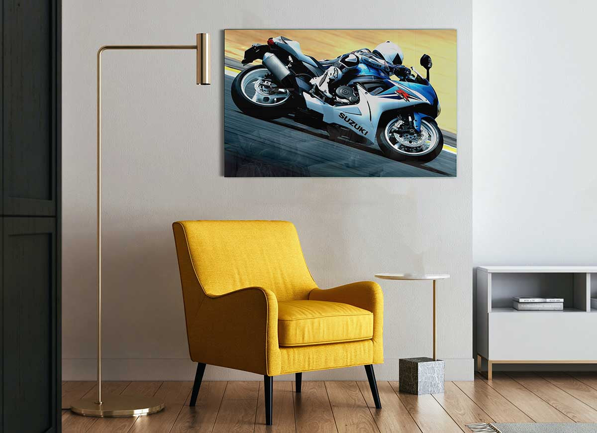 2011 Suzuki Gsx R600 glass print showcasing vibrant motorcycle art.