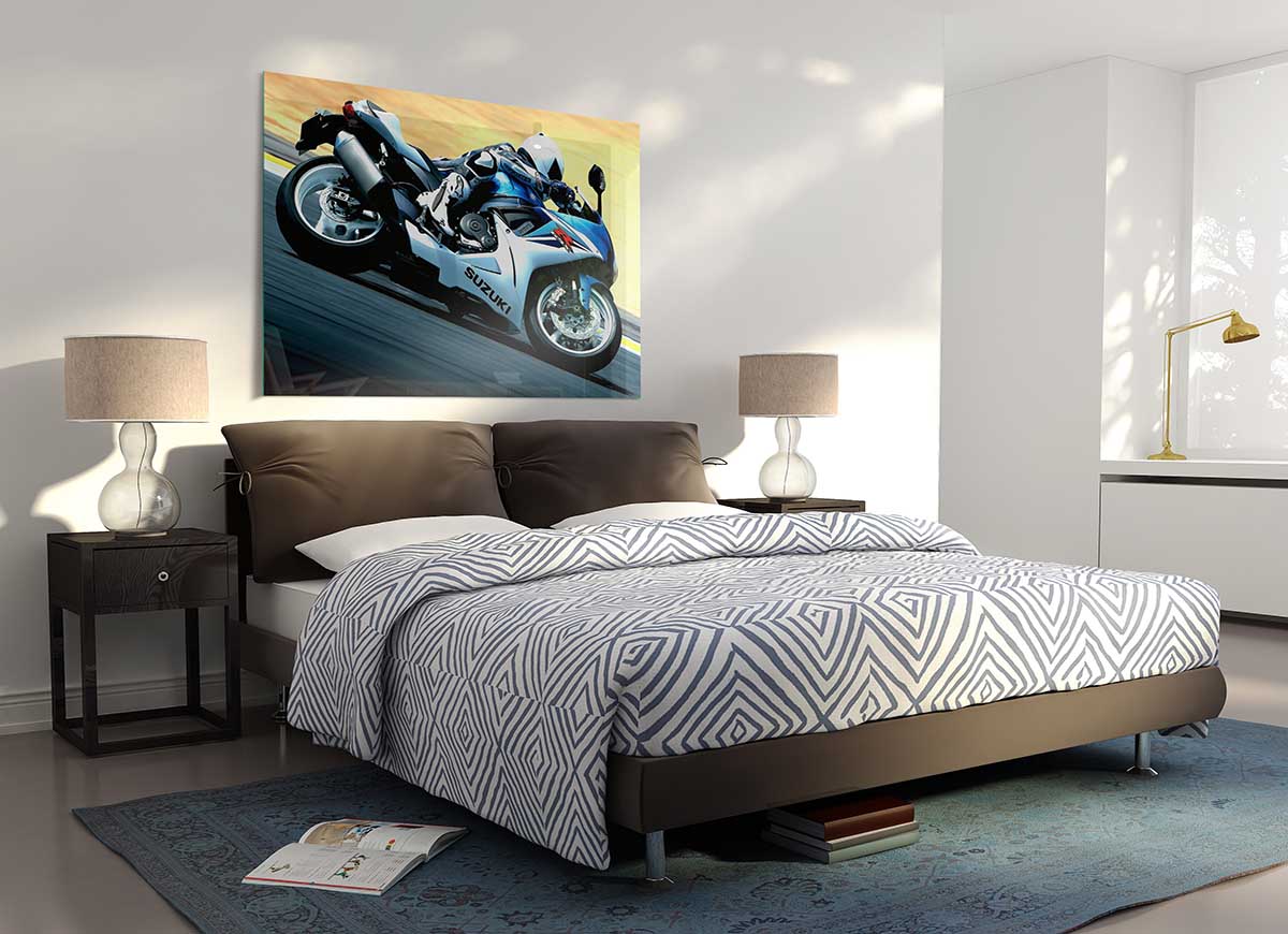 2011 Suzuki Gsx R600 glass print showcasing vibrant motorcycle art.