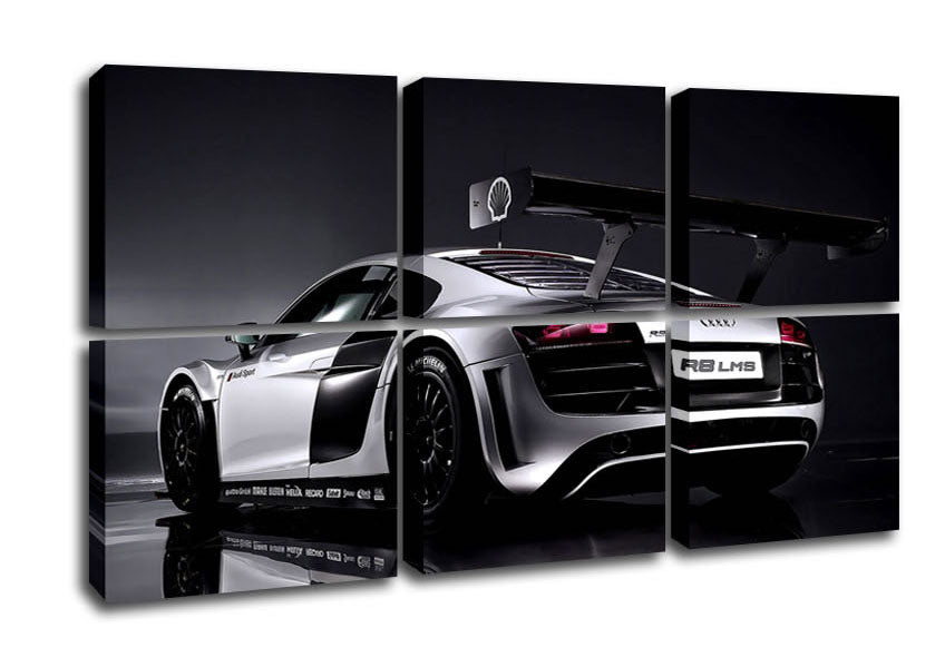 A beautifully printed canvas of the 2010 Audi R8 Lms, mounted on a 44mm box frame, showcasing vibrant colors and intricate details.