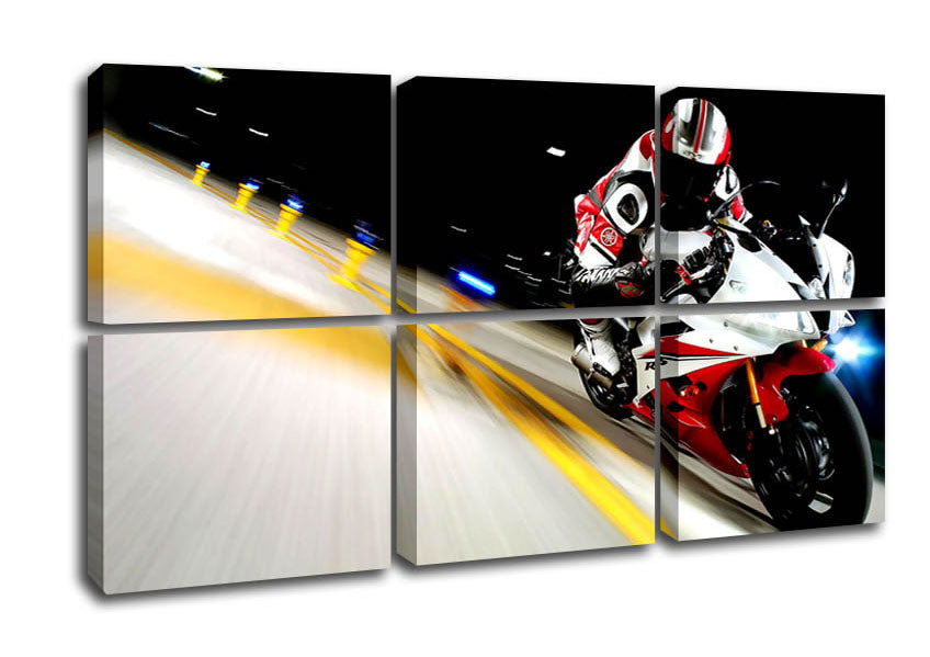 2007 Yamaha Yzfr6 Race canvas art mounted on a box frame, showcasing vibrant colors and detailed motorcycle design.