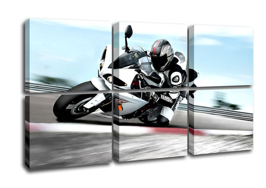 A vibrant canvas print of the 2009 Yamaha Yzf R1 motorcycle, mounted on a sturdy 44mm box frame, ready to hang.