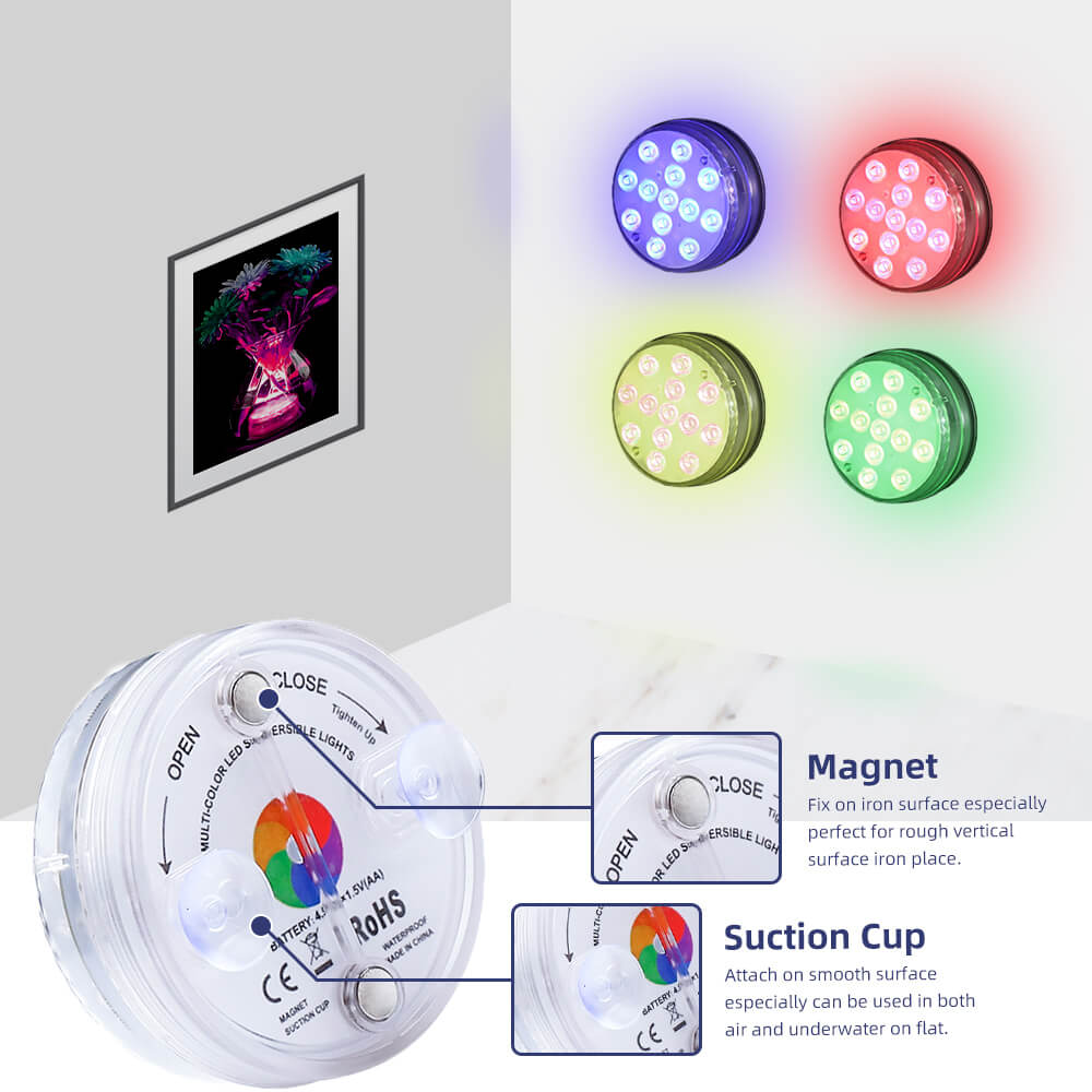 21 Key RF Remote Control LED Pool Lights with vibrant colors and remote control, designed for underwater and outdoor use.