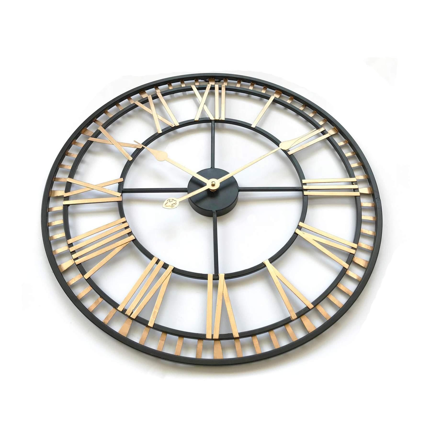 A 24-inch round oversized black metal wall clock featuring Roman numerals and a sleek silver frame, perfect for home décor.