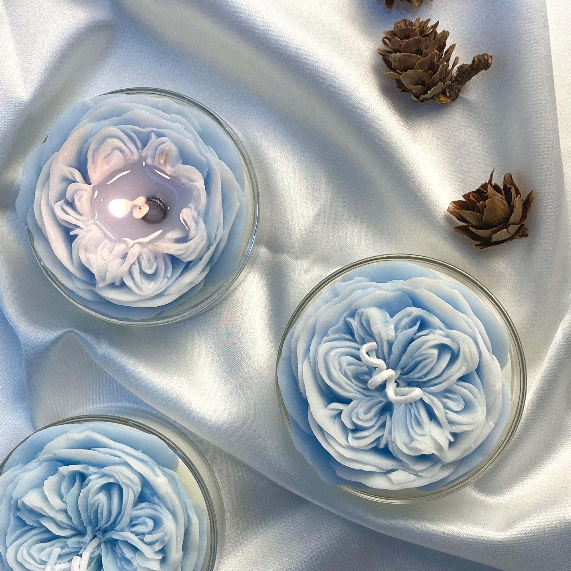 A beautifully arranged 2-Pack Rose Candle set featuring a pink rose candle and a blue rose candle in elegant glass containers.