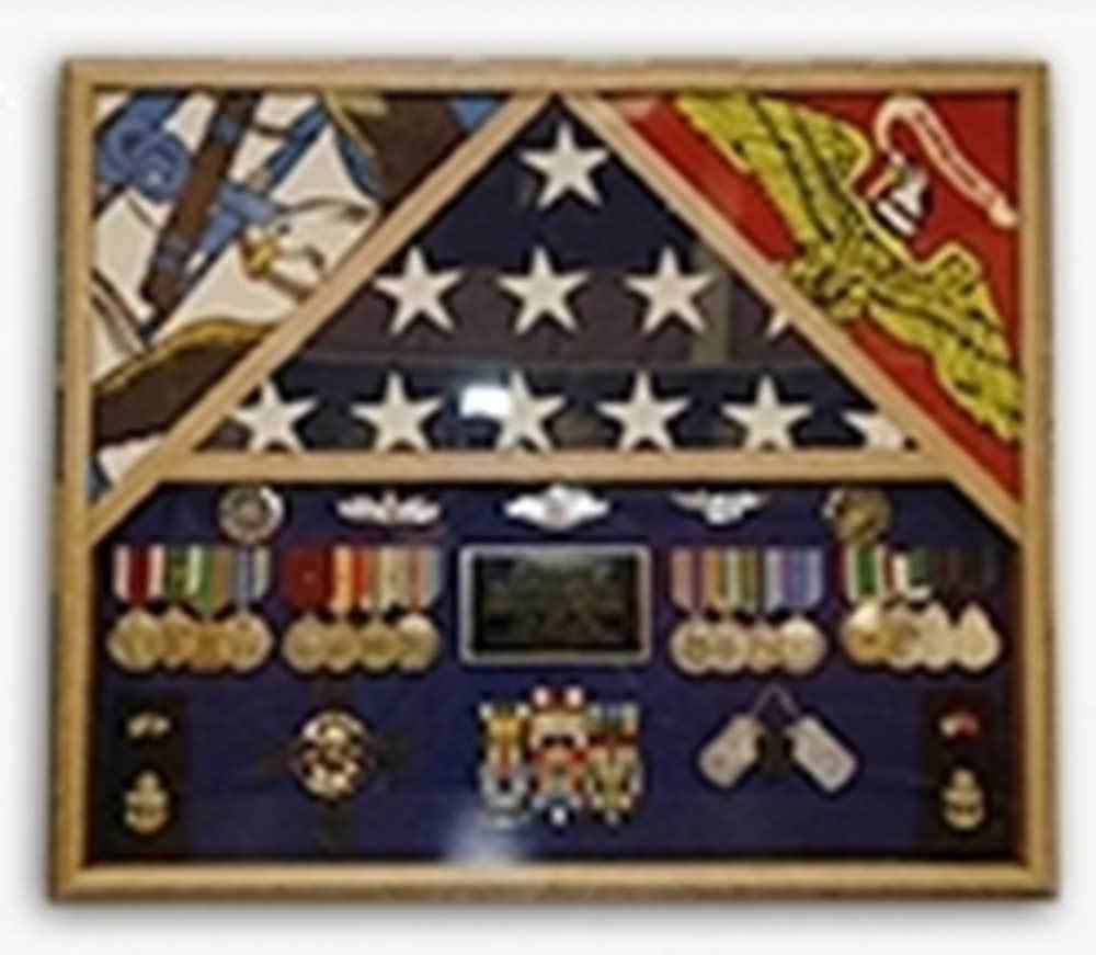 3 Flags Military Shadow Box displaying three flags with a customizable background, made from real wood with an acrylic front for protection.