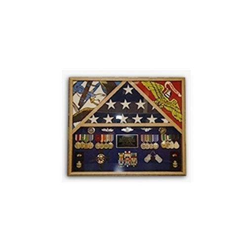 3 Flags Military Shadow Box displaying three flags with a black background, crafted from premium wood, showcasing military memorabilia.