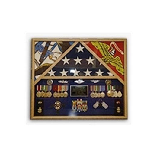 3 Flags Military Shadow Box displaying three flags with a black background, crafted from high-quality wood in Red Oak, Walnut, or Cherry finishes.