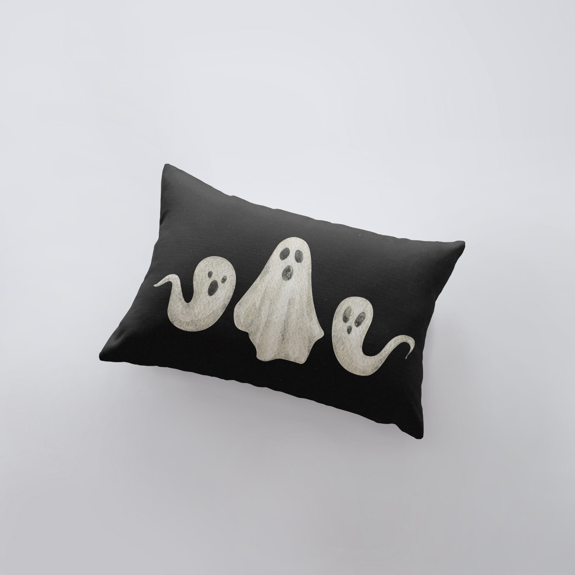 3 Ghost Pillow Cover featuring friendly ghosts on a black background, perfect for modern farmhouse fall decor.