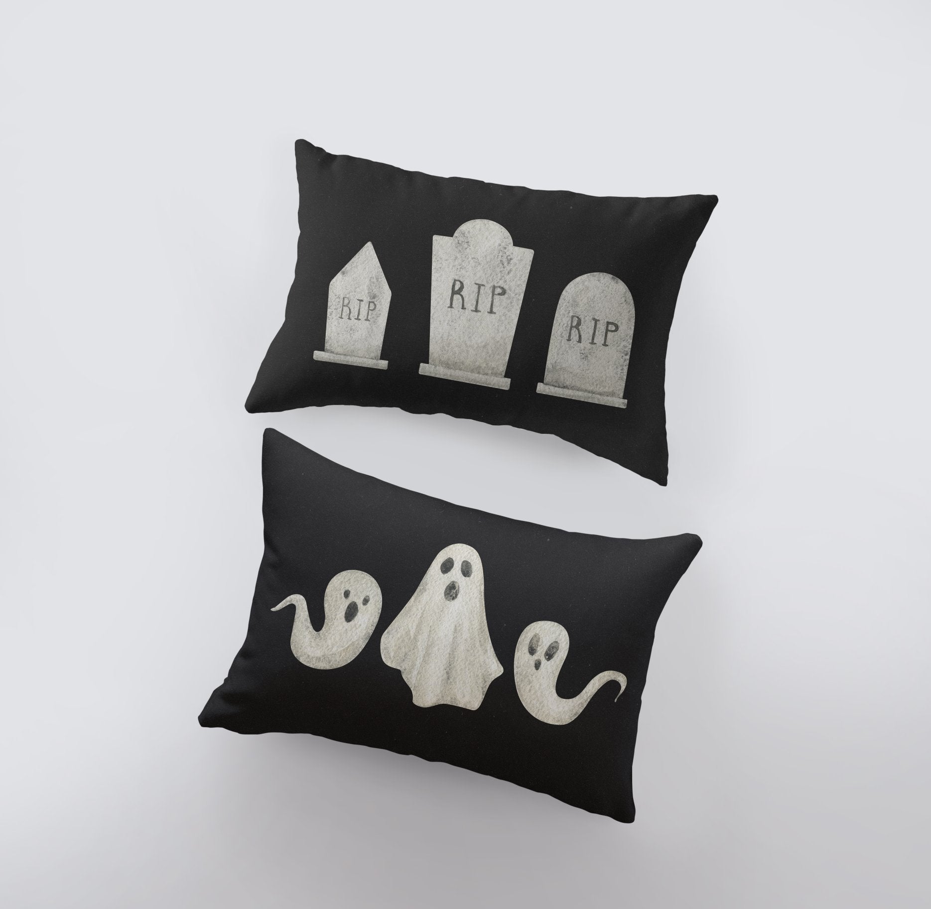 3 Ghost Pillow Cover featuring friendly ghosts on a black background, perfect for modern farmhouse fall decor.