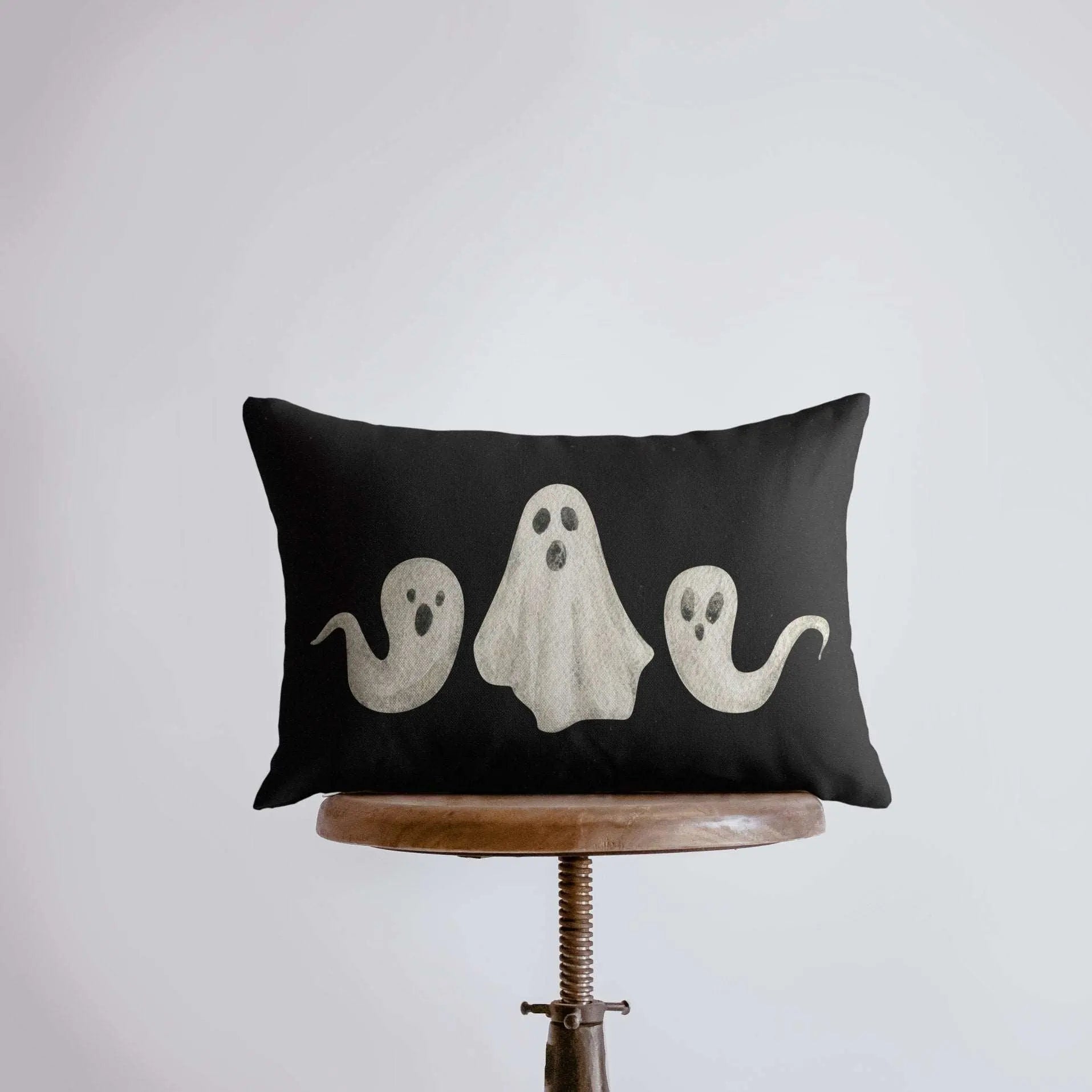 3 Ghost Pillow Cover featuring friendly ghosts on a black background, perfect for modern farmhouse fall decor.