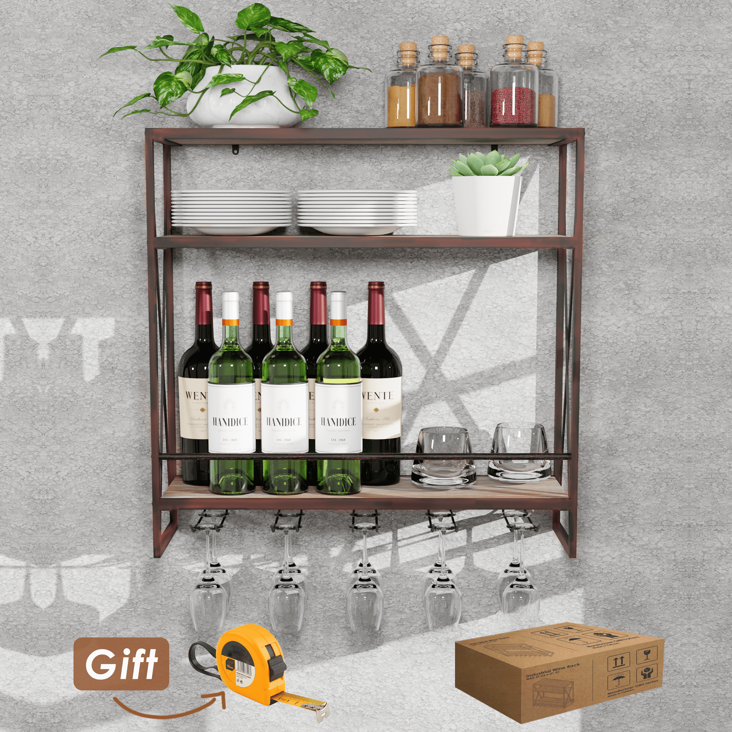 3 Tier Red Copper Industrial Wine Rack Wall Mounted made of solid pine wood and galvanized steel, showcasing wine bottles elegantly.