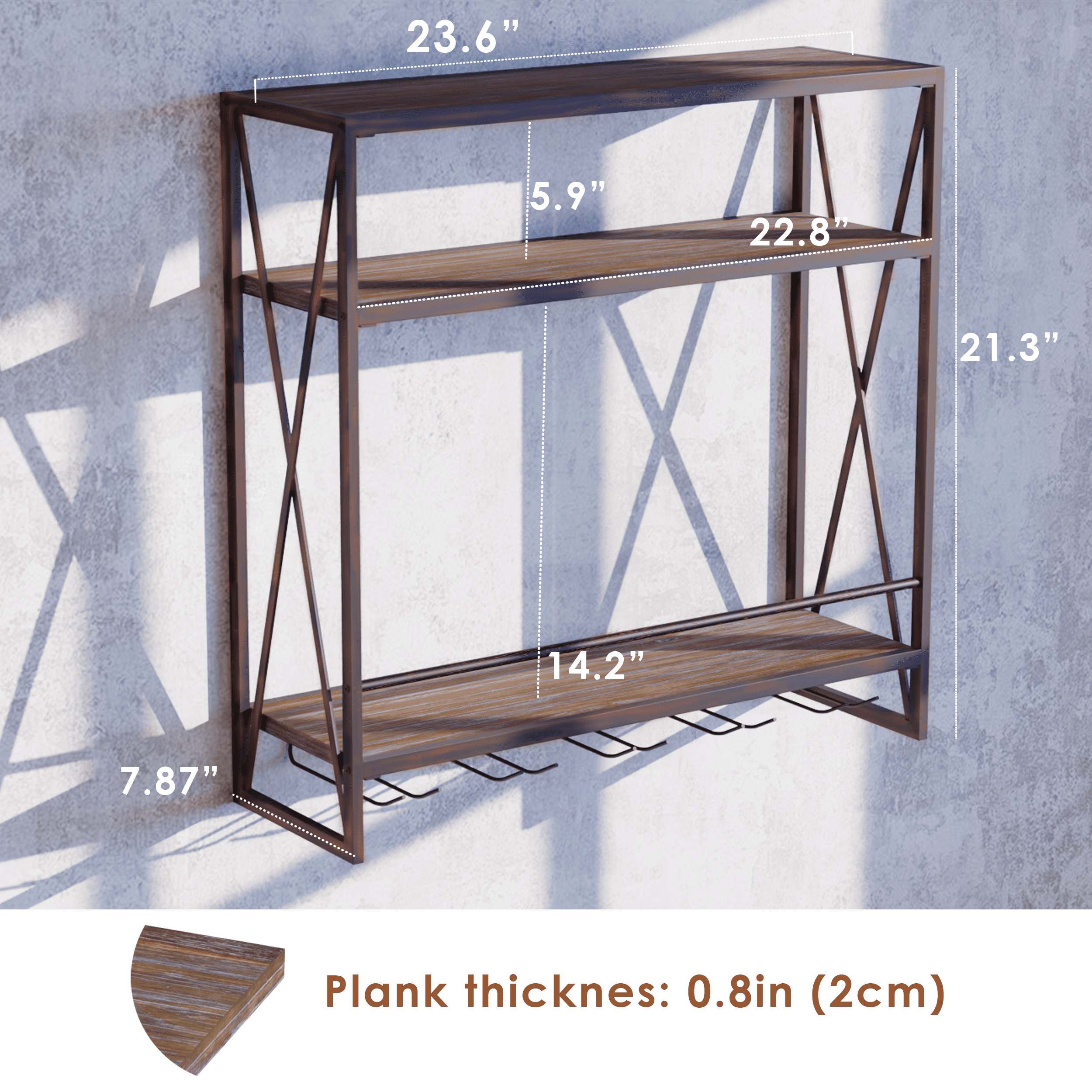 3 Tier Red Copper Industrial Wine Rack Wall Mounted made of solid pine wood and galvanized steel, showcasing wine bottles elegantly.