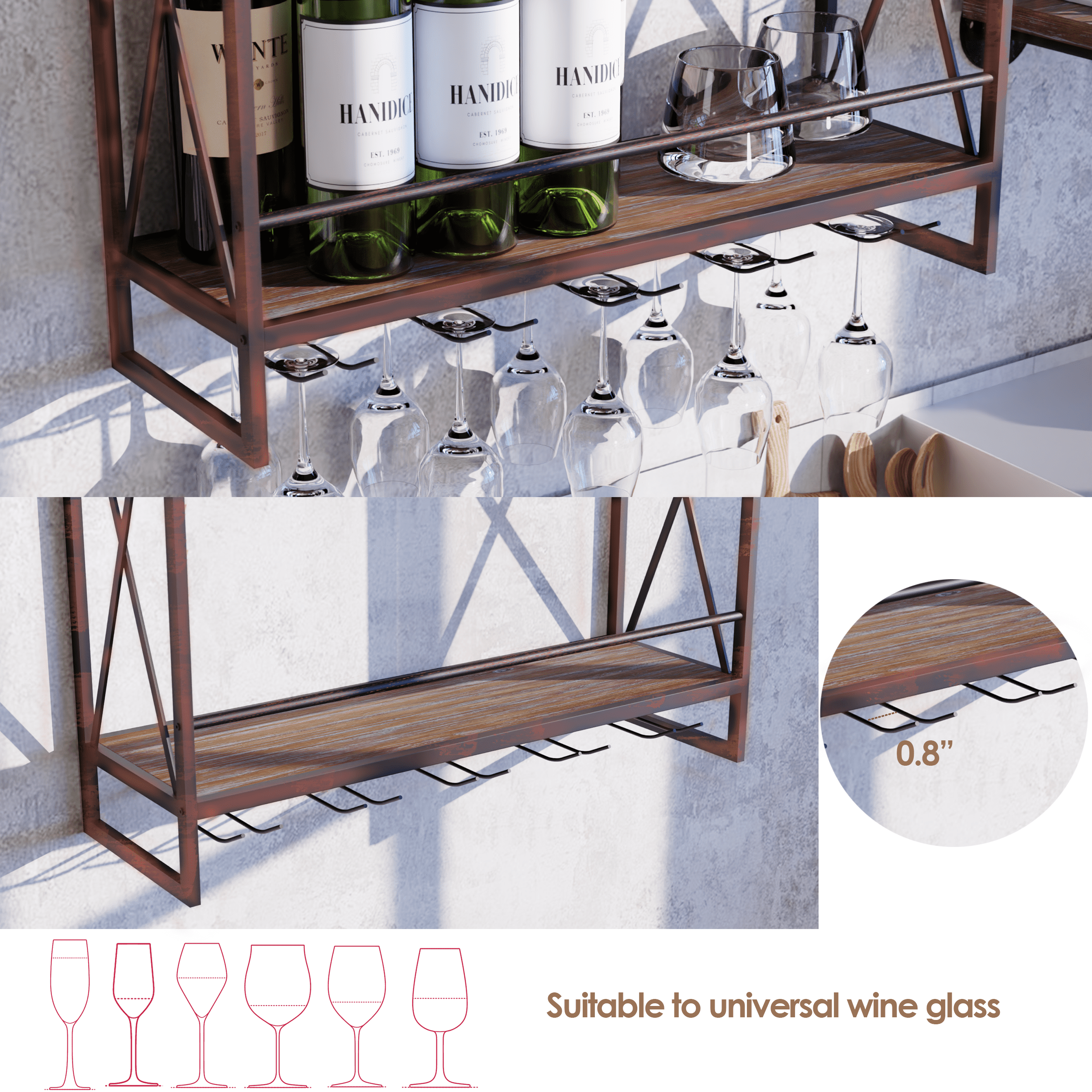 3 Tier Red Copper Industrial Wine Rack Wall Mounted made of solid pine wood and galvanized steel, showcasing wine bottles elegantly.