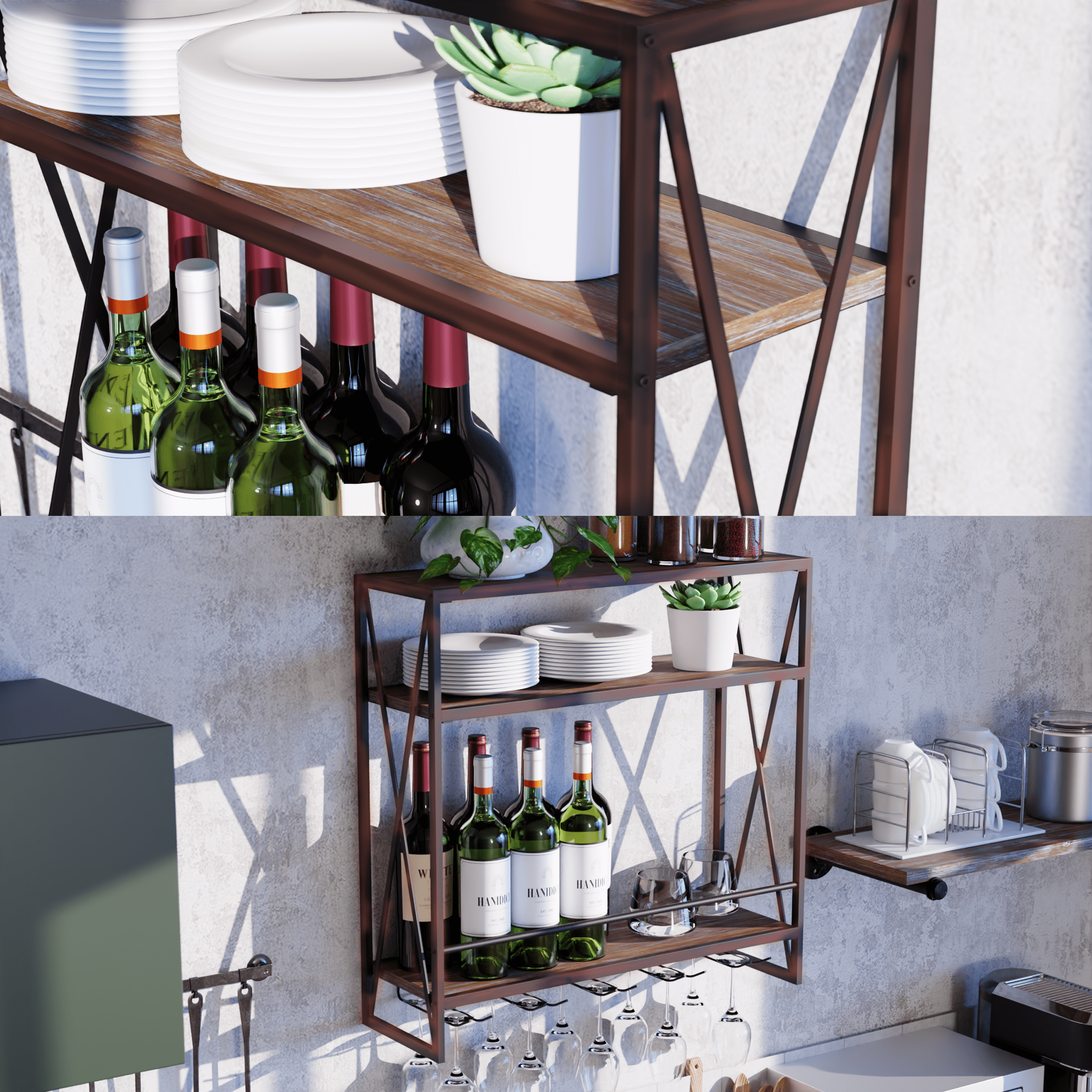 3 Tier Red Copper Industrial Wine Rack Wall Mounted made of solid pine wood and galvanized steel, showcasing wine bottles elegantly.