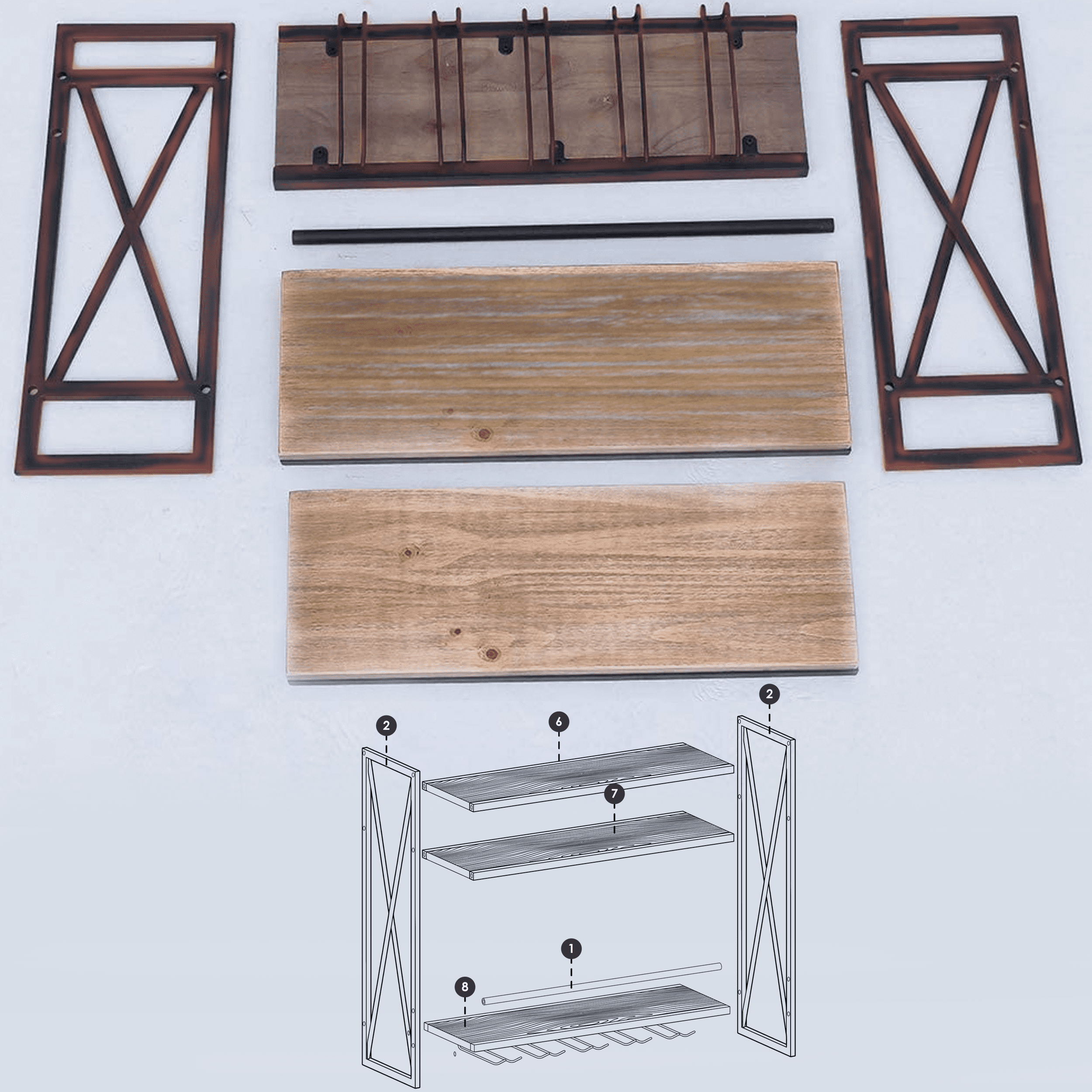 3 Tier Red Copper Industrial Wine Rack Wall Mounted made of solid pine wood and galvanized steel, showcasing wine bottles elegantly.