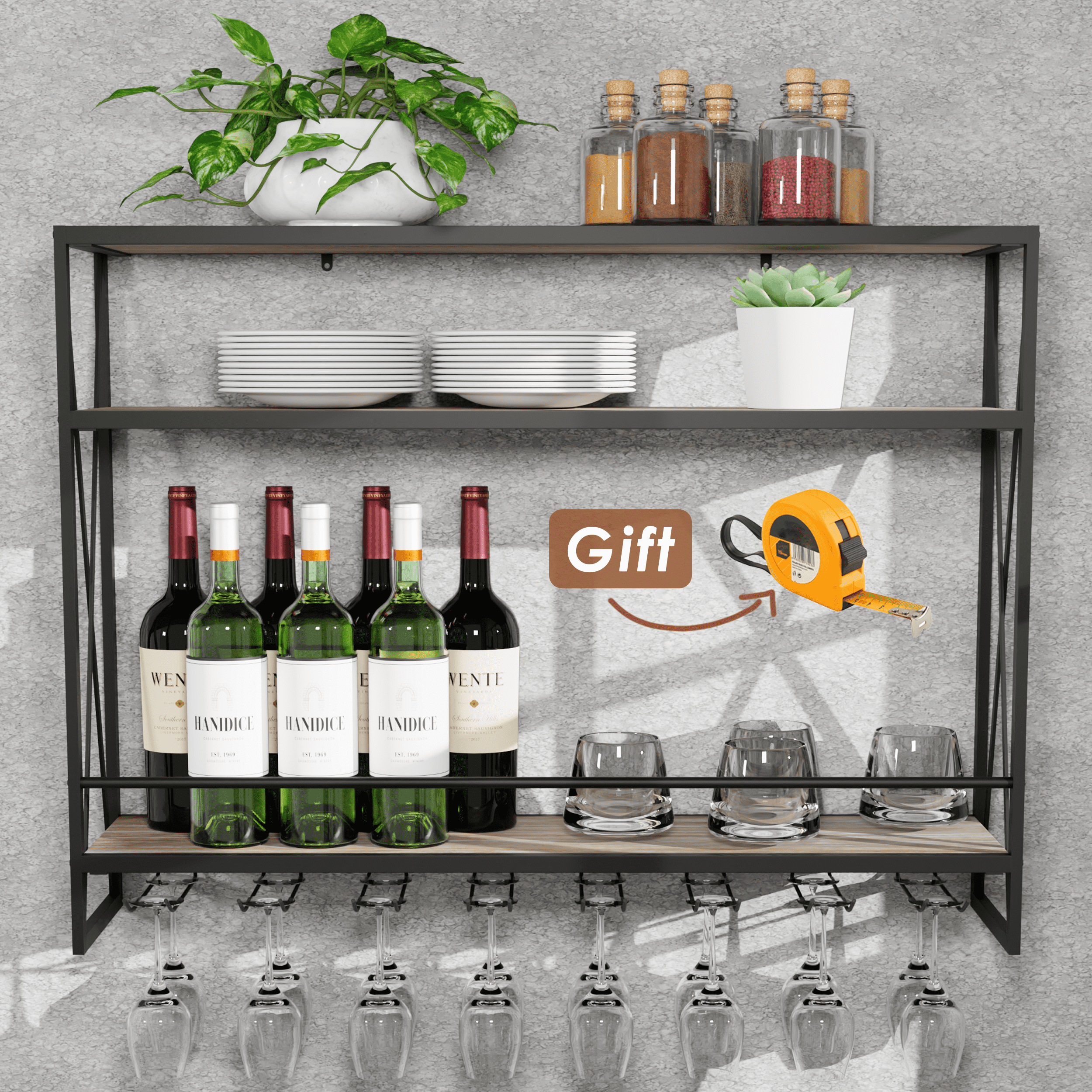 3 Tier Black Industrial Wine Rack Wall Mounted made of solid pine wood and galvanized steel, showcasing a stylish design for wine storage.