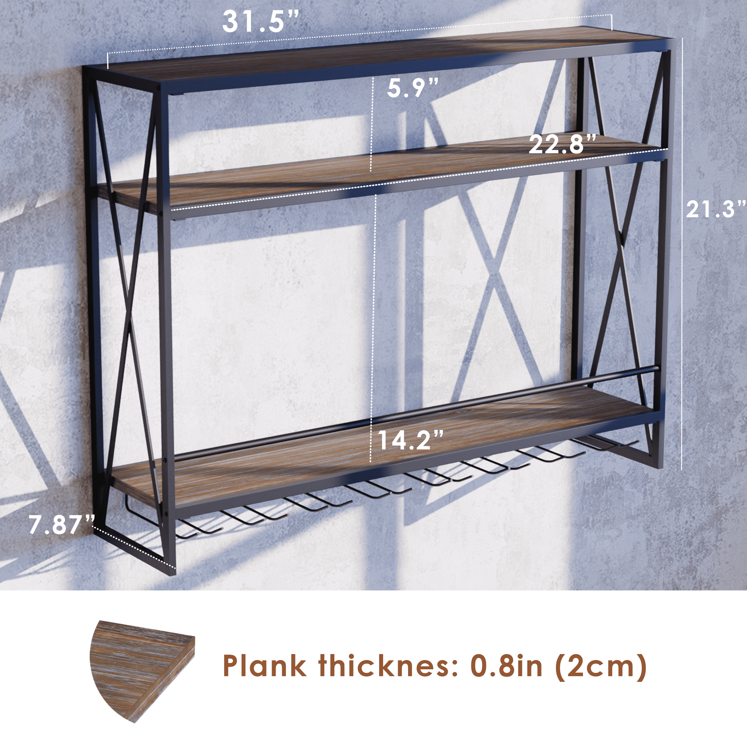 3 Tier Black Industrial Wine Rack Wall Mounted made of solid pine wood and galvanized steel, showcasing a stylish design for wine storage.