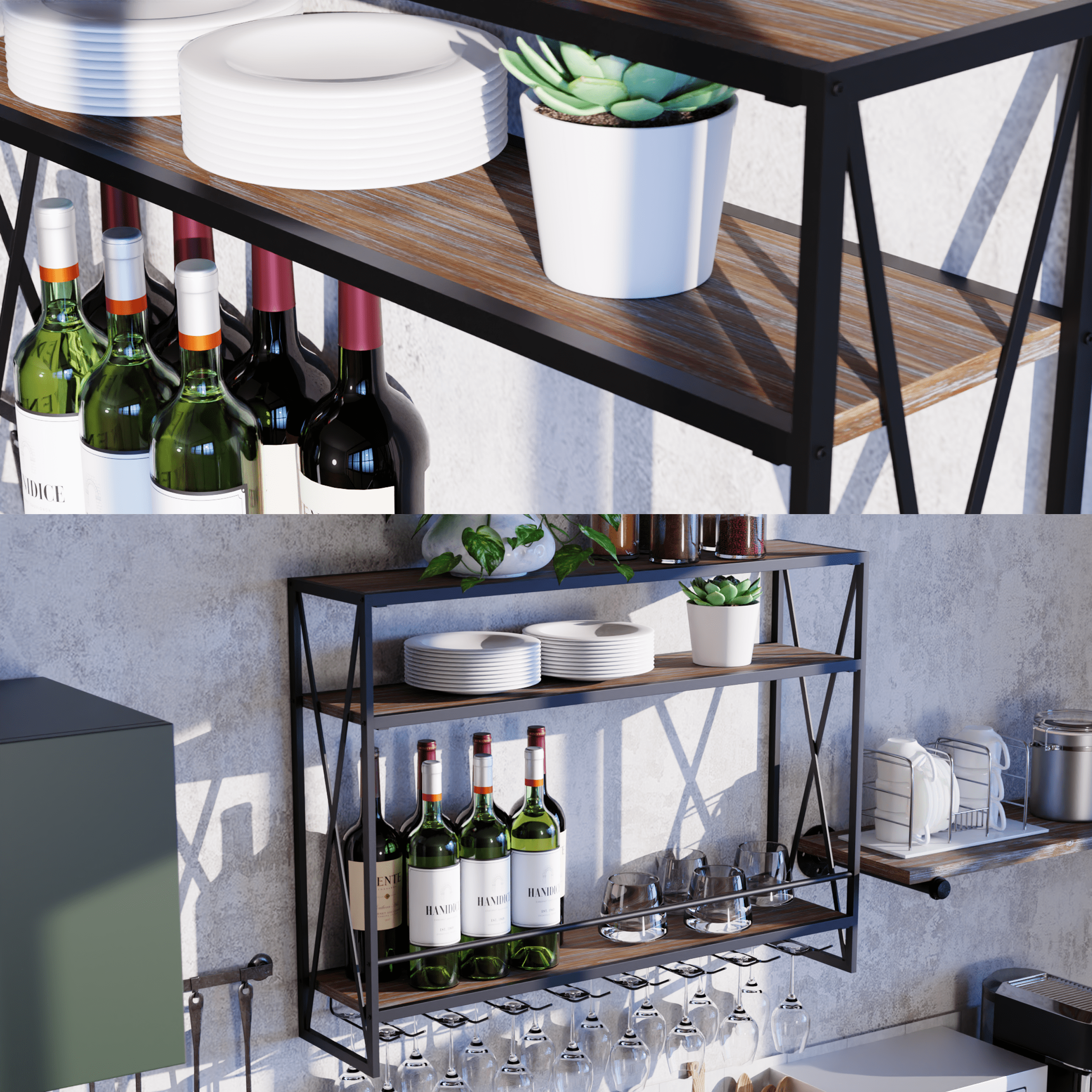 3 Tier Black Industrial Wine Rack Wall Mounted made of solid pine wood and galvanized steel, showcasing a stylish design for wine storage.