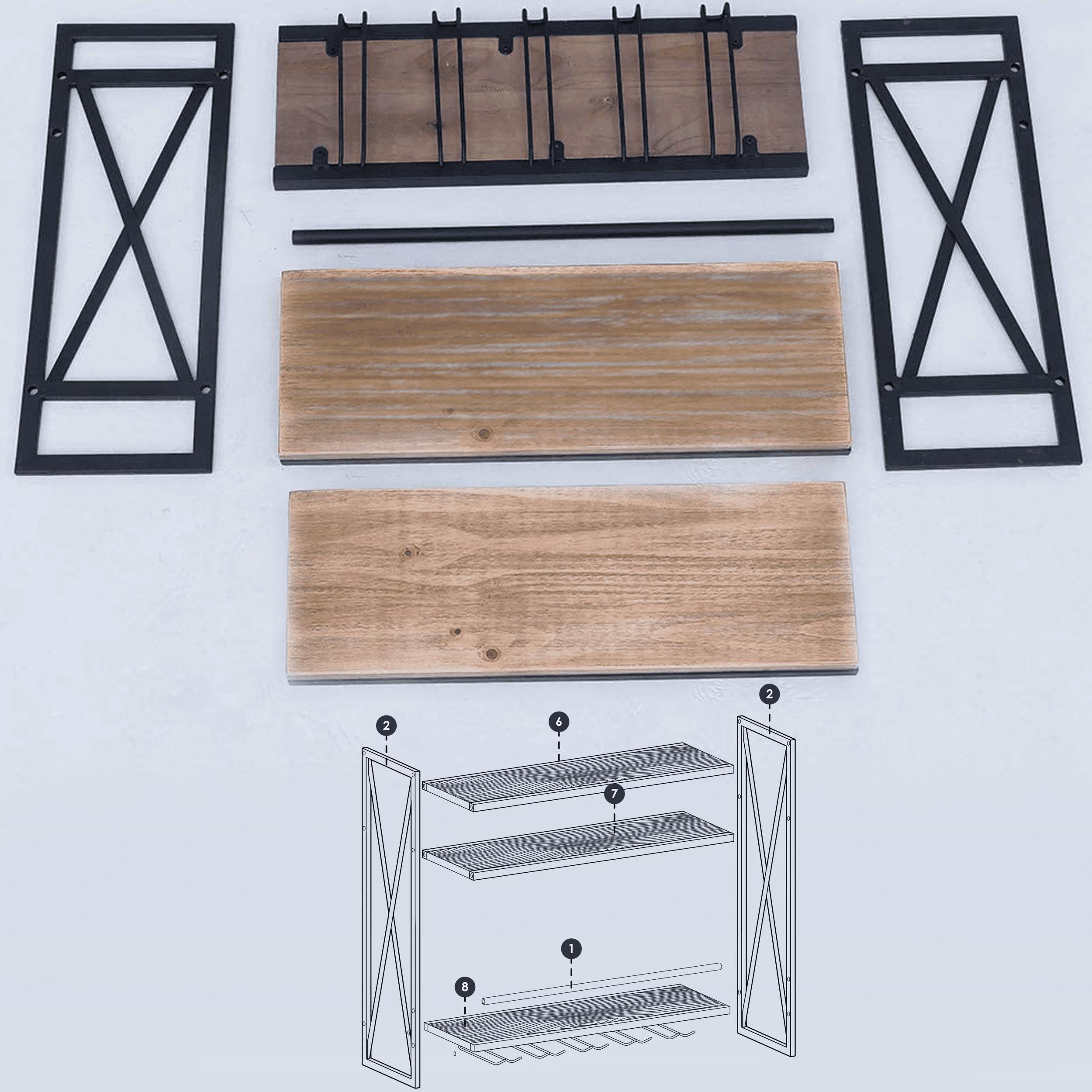 3 Tier Black Industrial Wine Rack Wall Mounted made of solid pine wood and galvanized steel, showcasing a stylish design for wine storage.