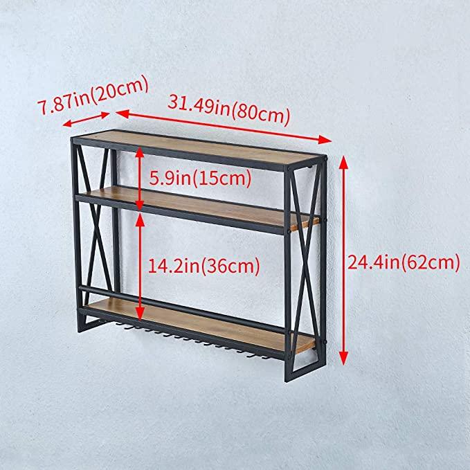 3 Tier Black Industrial Wine Rack Wall Mounted made of solid pine wood and galvanized steel, showcasing a stylish design for wine storage.