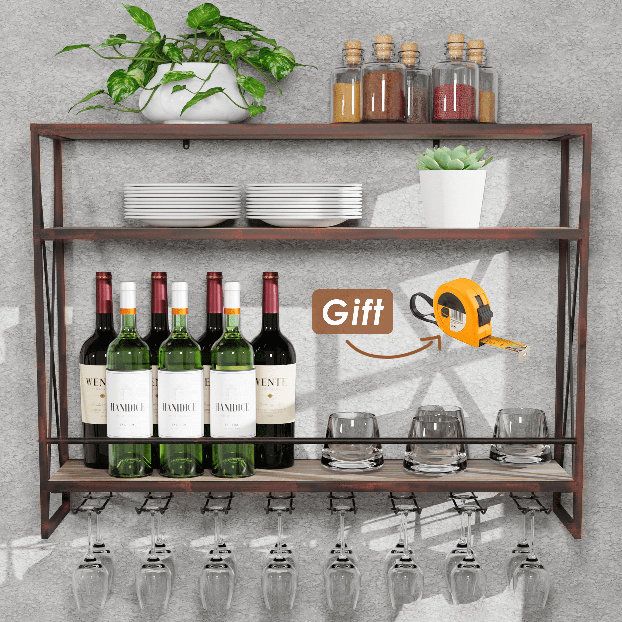 3 Tier Red Copper Industrial Wine Rack Wall Mounted made of solid pine wood and galvanized steel, showcasing a stylish design for wine storage.