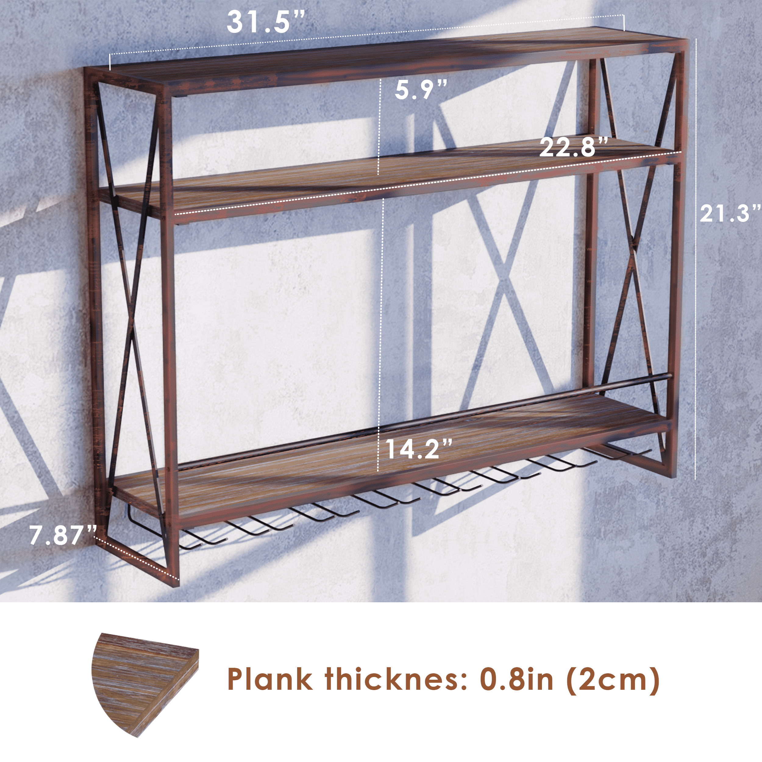 3 Tier Red Copper Industrial Wine Rack Wall Mounted made of solid pine wood and galvanized steel, showcasing a stylish design for wine storage.