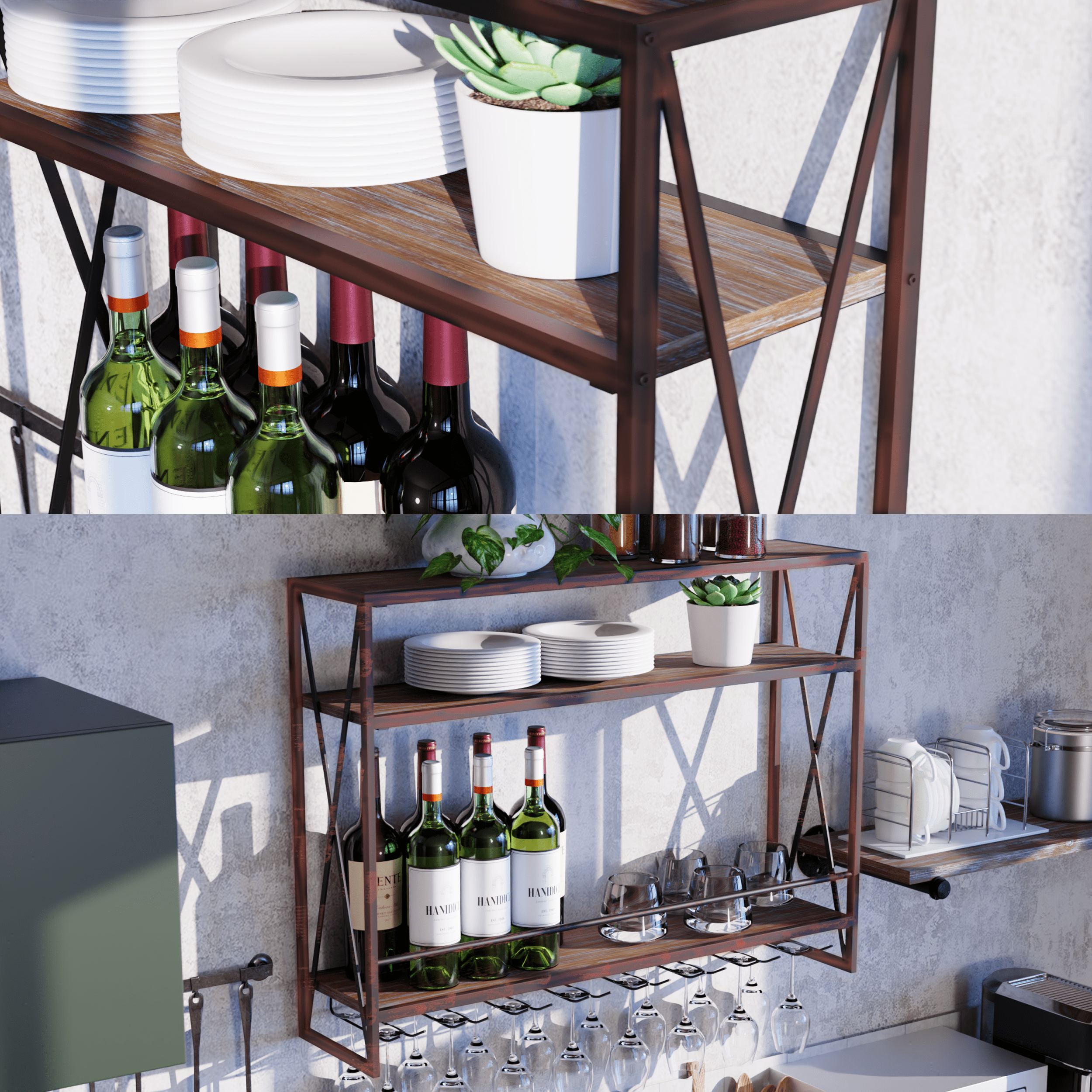 3 Tier Red Copper Industrial Wine Rack Wall Mounted made of solid pine wood and galvanized steel, showcasing a stylish design for wine storage.