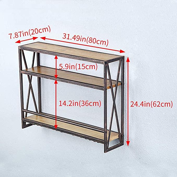 3 Tier Red Copper Industrial Wine Rack Wall Mounted made of solid pine wood and galvanized steel, showcasing a stylish design for wine storage.