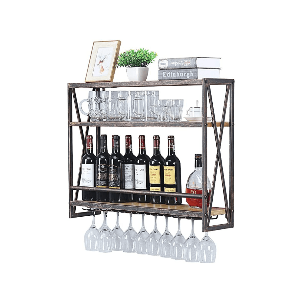 3 Tier Red Copper Industrial Wine Rack Wall Mounted made of solid pine wood and galvanized steel, showcasing a stylish design for wine storage.