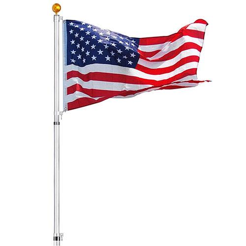 30 ft telescopic flag pole kit displaying two flags, made of durable aluminum with a sleek design.