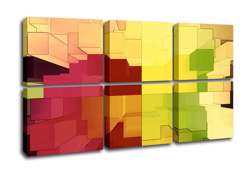 A vibrant 3D Colourful Cubes canvas art piece mounted on a sturdy box frame, showcasing a dynamic cube design.