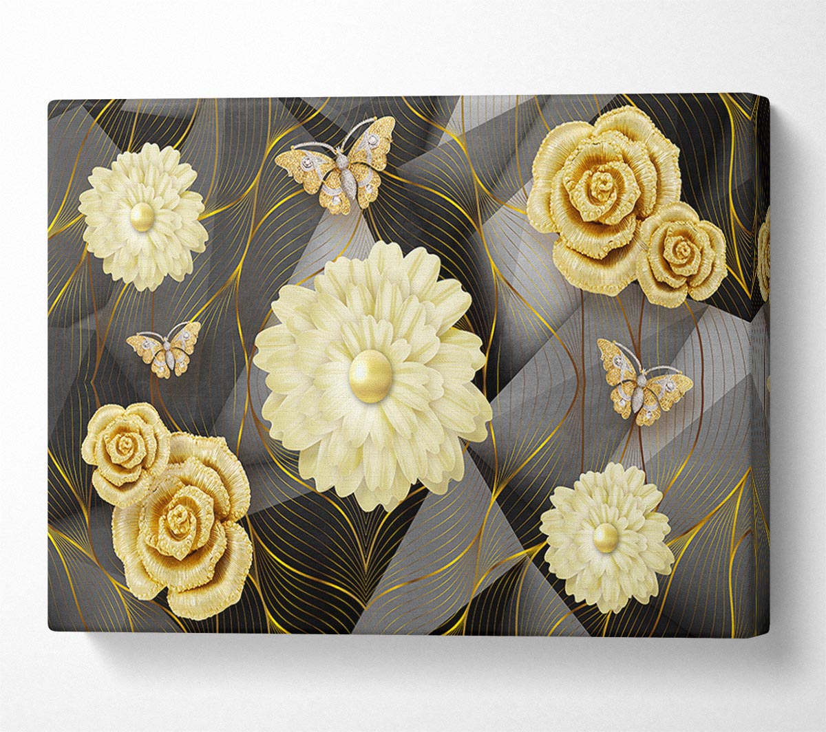 A vibrant canvas featuring 3D flowers and butterflies, mounted on a sleek box frame, ready to hang.