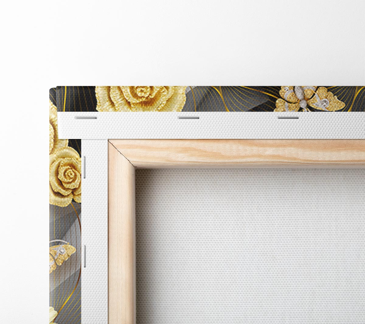 A vibrant canvas featuring 3D flowers and butterflies, mounted on a sleek box frame, ready to hang.