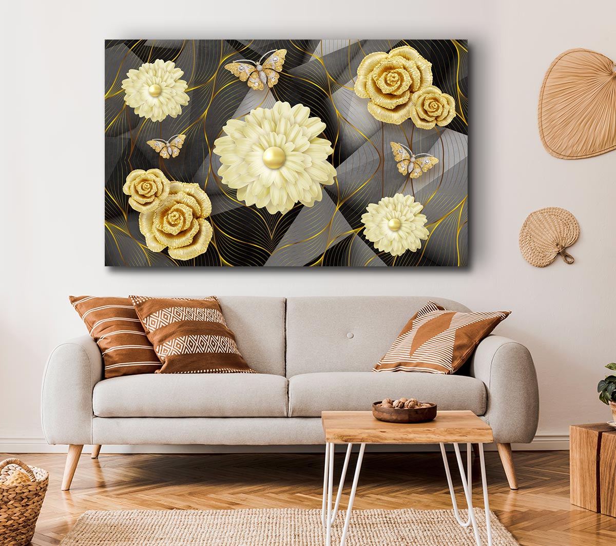 A vibrant canvas featuring 3D flowers and butterflies, mounted on a sleek box frame, ready to hang.