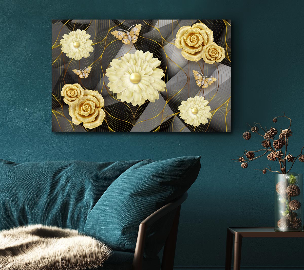 A vibrant canvas featuring 3D flowers and butterflies, mounted on a sleek box frame, ready to hang.