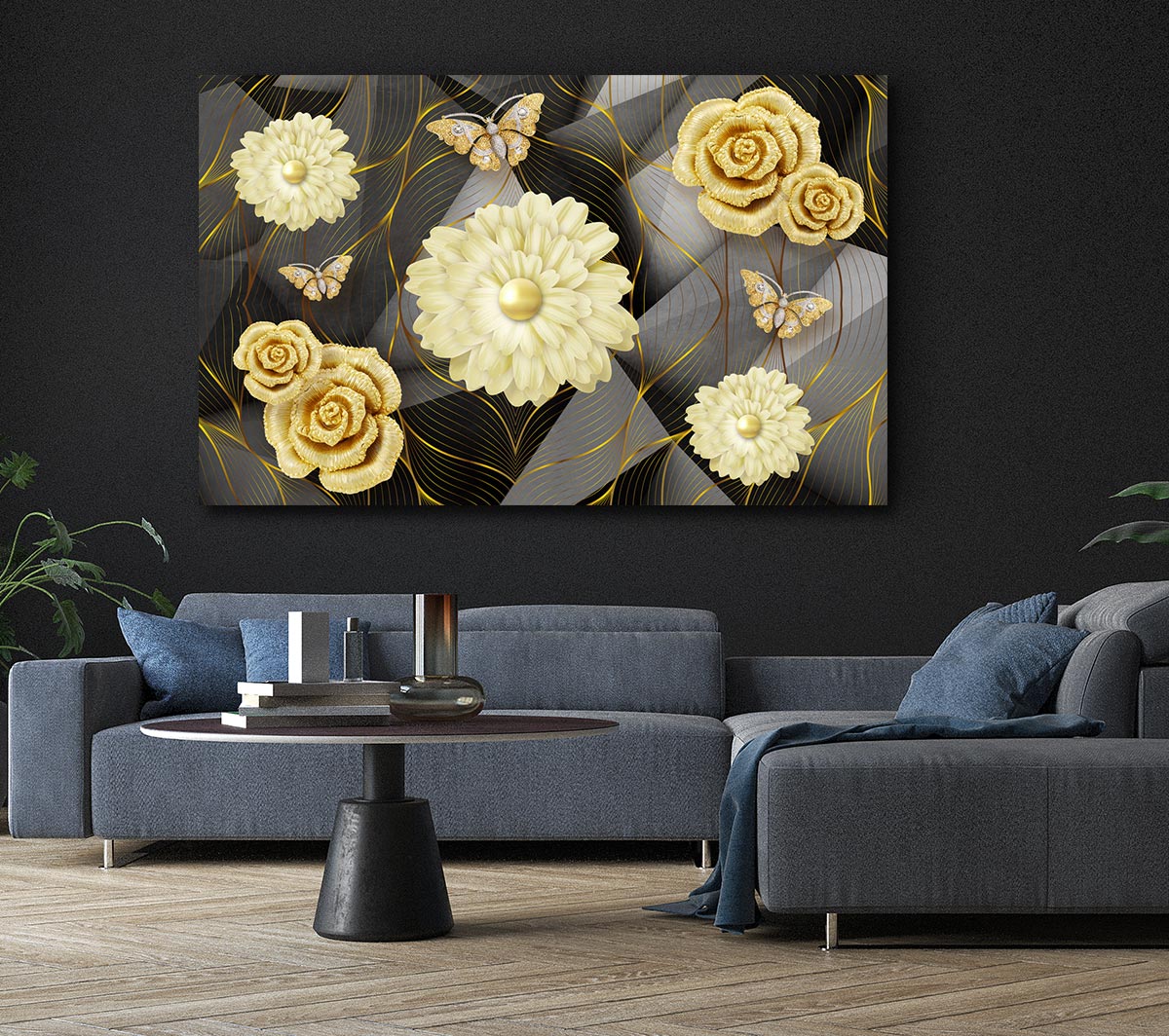 A vibrant canvas featuring 3D flowers and butterflies, mounted on a sleek box frame, ready to hang.