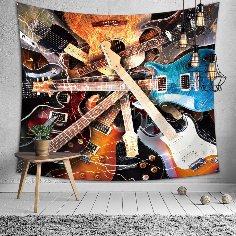 A vibrant 3D guitar tapestry showcasing intricate designs, perfect for wall art decor in music-themed spaces.