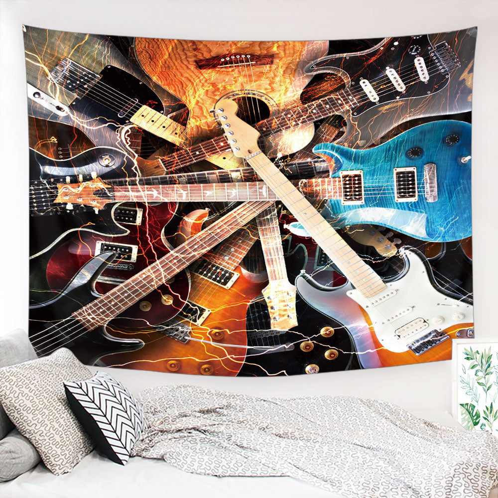 A vibrant 3D guitar tapestry showcasing intricate designs, perfect for wall art decor in music-themed spaces.