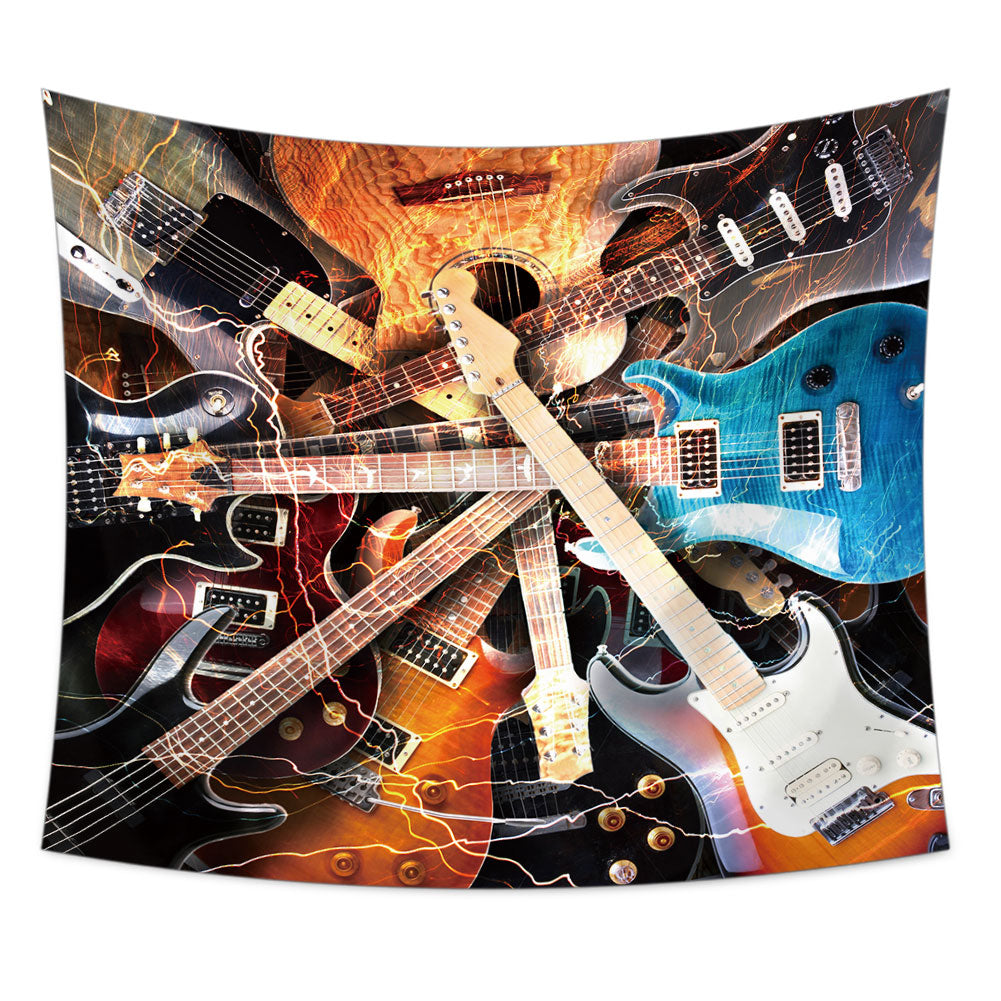 A vibrant 3D guitar tapestry showcasing intricate designs, perfect for wall art decor in music-themed spaces.