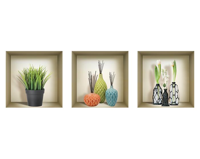 Set of 3 stunning 3D Niche Wall Art Decals showcasing vibrant designs, perfect for home decoration.