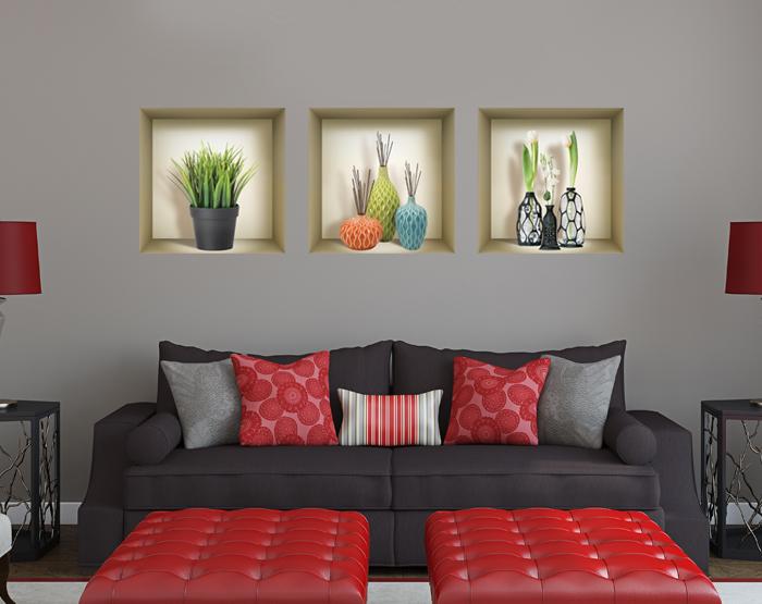 Set of 3 stunning 3D Niche Wall Art Decals showcasing vibrant designs, perfect for home decoration.