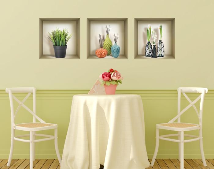 Set of 3 stunning 3D Niche Wall Art Decals showcasing vibrant designs, perfect for home decoration.