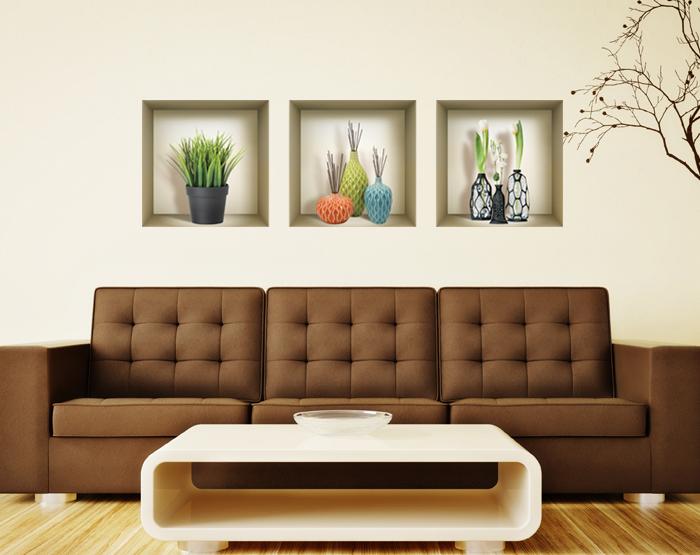 Set of 3 stunning 3D Niche Wall Art Decals showcasing vibrant designs, perfect for home decoration.