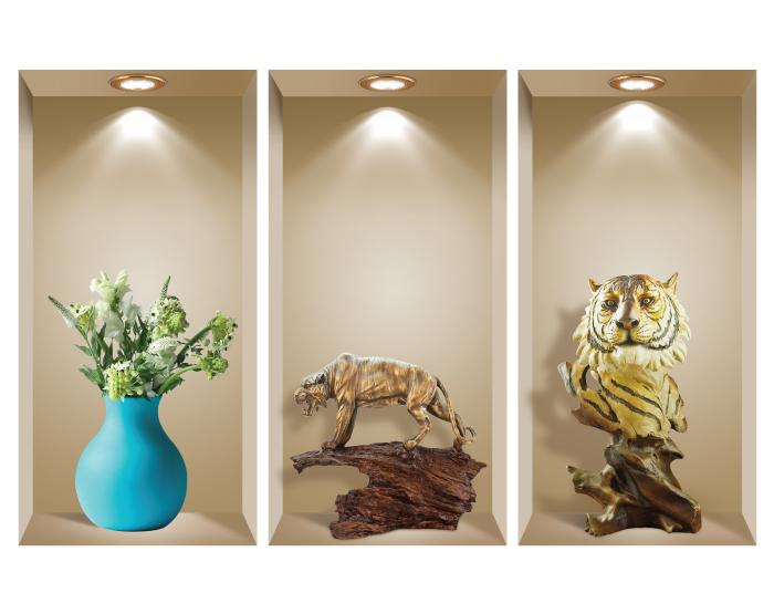 Set of 3 removable 3D wall niche art decals featuring colorful designs, perfect for home decoration on smooth surfaces.