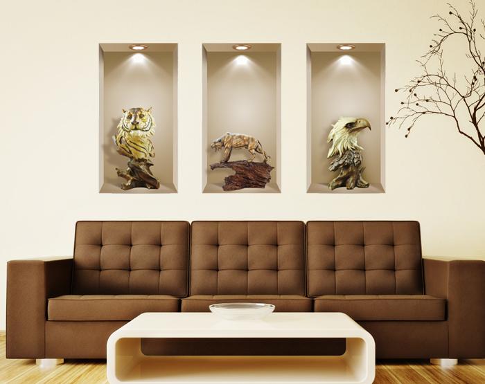 Set of 3 removable 3D wall niche art decals featuring colorful designs, perfect for home decoration on smooth surfaces.