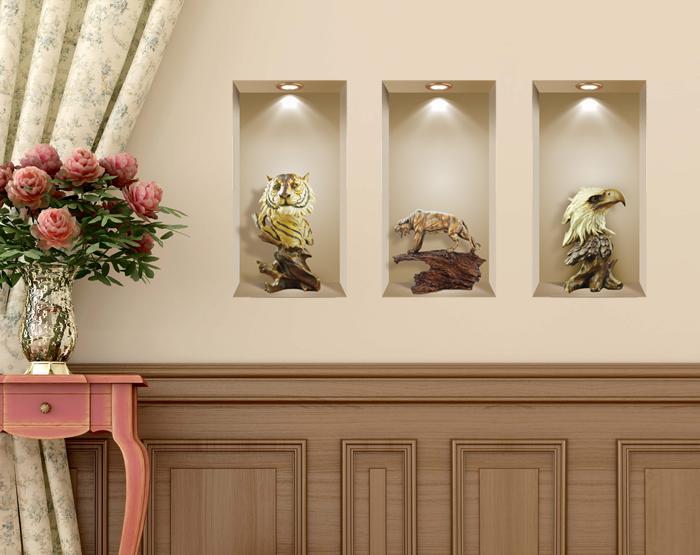 Set of 3 removable 3D wall niche art decals featuring colorful designs, perfect for home decoration on smooth surfaces.