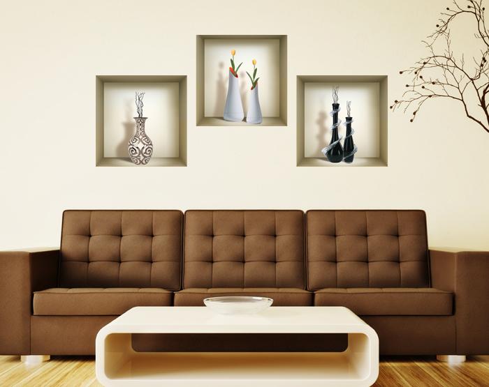 Set of 3 removable 3D wall niche art decals showcasing vibrant designs, perfect for home decoration.