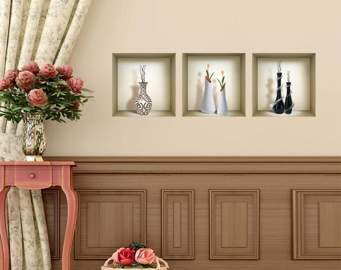 Set of 3 removable 3D wall niche art decals showcasing vibrant designs, perfect for home decoration.