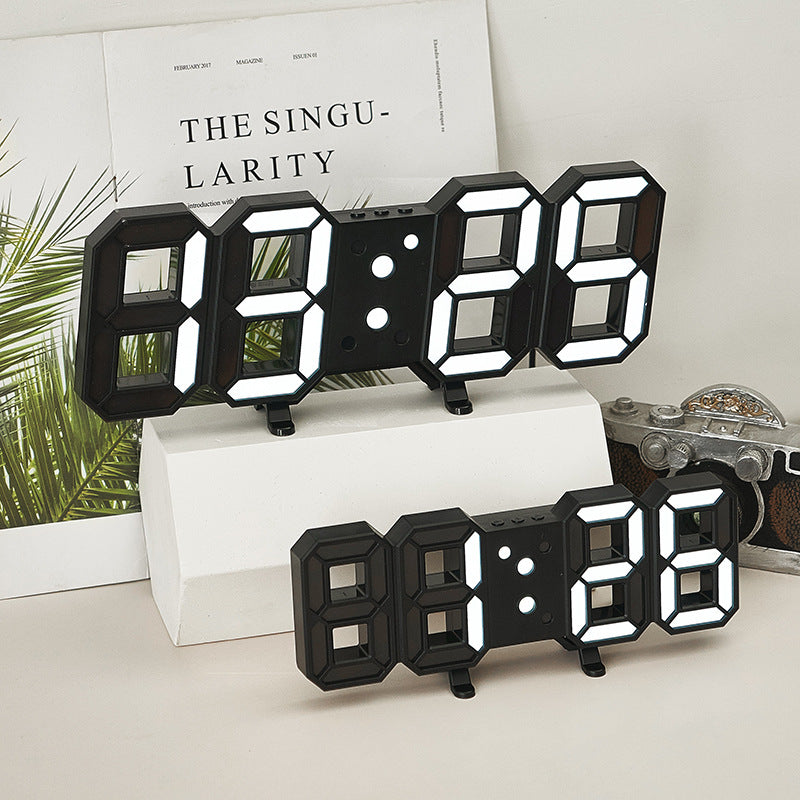 3D Remote Control Black LED Electronic Stand Wall Clock with a sleek rectangular design and clear LED display.