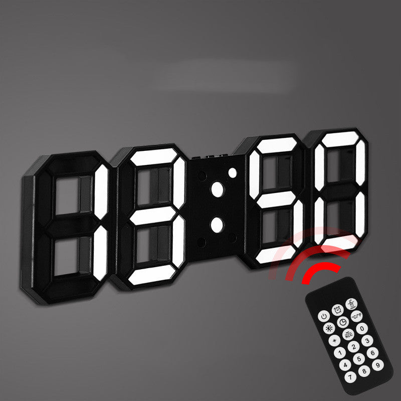 3D Remote Control Black LED Electronic Stand Wall Clock with a sleek rectangular design and clear LED display.